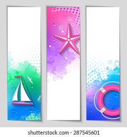 Abstract vector set of marine watercolor banners with nautical elements