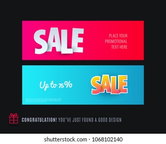 Abstract vector set of modern horizontal website sale banners with colourful words, abstract shapes for promo, shopping, offer, advertisement.