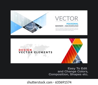 Abstract vector set of modern horizontal website banners with colourful triangles, lines, shapes for construction, teamwork, tech, communication. Clean web headers design with overlay effect. 