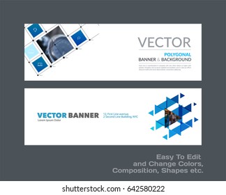 Abstract vector set of modern horizontal website banners with blue rectangular shapes, grid for construction, teamwork, tech, communication. Clean web headers design with overlay effect. 