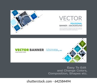 Abstract vector set of modern horizontal website banners with colourful rectangular shapes, grid for construction, teamwork, tech, communication. Clean web headers design with overlay effect. 