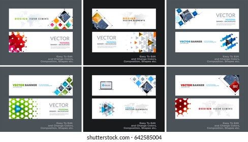 Abstract vector set of modern horizontal website banners with colourful rectangular shapes, grid for construction, teamwork, communication. Clean web headers design with overlay effect. Set