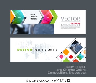 Abstract vector set of modern horizontal website banners with colourful rectangles, arrows, shadows for construction, teamwork, tech, communication. Clean web headers design with overlay effect. 