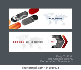 Abstract vector set of modern horizontal website banners with red rounded rectangles, arrows for construction, teamwork, tech, communication. Clean web headers design with overlay effect. 