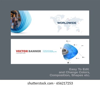 Abstract vector set of modern horizontal website banners with blue soft, pebble shapes for construction, teamwork, tech, communication. Clean web headers design with overlay effect. 