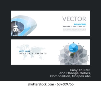 Abstract vector set of modern horizontal website banners with blue rounds, circles, dots for construction, teamwork, tech, communication. Clean web headers design with overlay effect. 