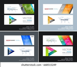 Abstract vector set of modern horizontal website banners with colourful diagonal triangular shapes for construction, teamwork, tech, communication. Clean web headers design with overlay effect.