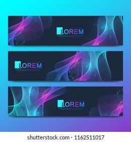 Abstract vector set of modern website banners. Scientific cybernetics background with a colored dynamic waves, line and particles. Wave flow. Molecule and communication background