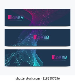 Abstract vector set of modern website banners. Scientific cybernetics background with a colored dynamic waves, line and particles. Wave flow. Molecule and communication background