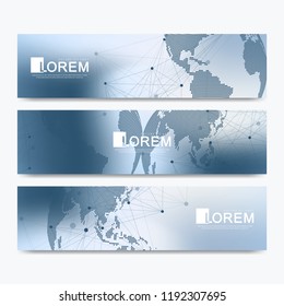 Abstract vector set of modern website banners. Scientific cybernetics background with a colored dynamic lines and particles. Molecule and communication background.