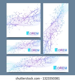 Abstract vector set of modern website banners. Scientific cybernetics background with dynamic linear waves. Molecule and communication background. Graphic background for your design.