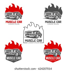 Abstract vector set muscle car label and logo template. Retro car symbol. Silhouette vintage car with flame. Template for business card, poster, banner, design elements. Isolated on white background.