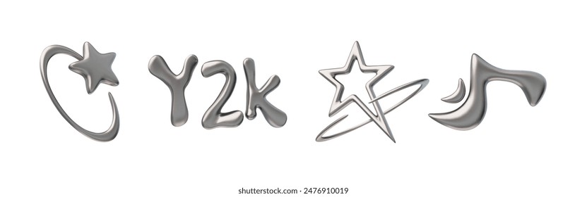 Abstract vector set on Y2K theme. Shiny chrome liquid shapes reflect the fashionable era of the 2000s and are perfect for futuristic designs on isolated backgrounds.