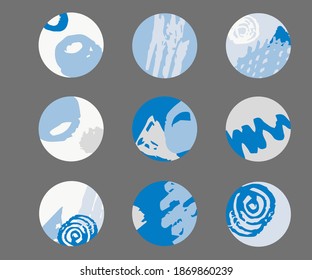 Abstract vector set of rounded covers for everlasting stories. Doodle style, calm blue tones, spots, shapes.