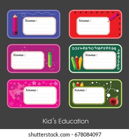 abstract vector set of school name labels for kid's education with colorful backgrounds and pencils. back to school graphic design illustration.