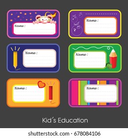 abstract vector set of school name labels for kid's education with colorful backgrounds and funny characters and animals, cat, pencil, heart, green leaf. back to school graphic design illustration.