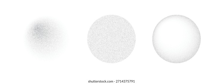 Abstract vector set of stipple grain textures representing digital noise and big data flow. Three circular gradient spheres with sandy dust effect for tech design.