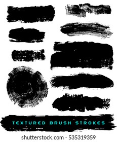 Abstract Vector set of textured brush strokes, black paint, grunge, isolated on white background