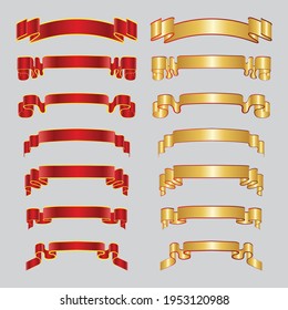 Abstract Vector set of Vintage Banner Ribbon. Realistic Red and gold Shiny Scroll Frame Template