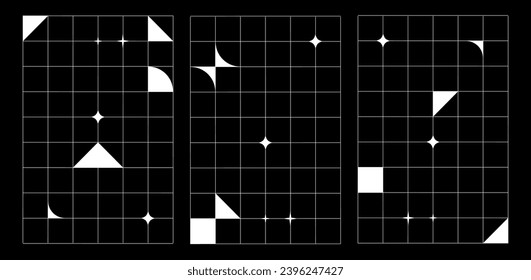 Abstract vector set with white grids and abstract geometric shapes in trendy y2k style for banner, poster, background greeting card, cover. Black and white colors. EPS 10
