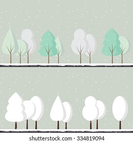 Abstract vector set of winter trees on a light blue background. Winter trees covered with snow. White frosty trees. Winter landscape. Forest. 