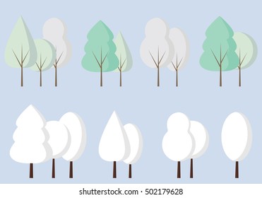 Abstract vector set of winter trees. Winter trees covered with snow. White frosty trees. Winter landscape. Forest.