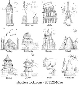 Abstract vector setarchitecture print of countries. Landmark. China, Japan, Russia, America, Germany, 
Italy, Turkey, England, France, London, Thailand.Travel Design template eps pattern 
