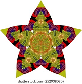 Abstract vector shape in the form of an unusual snowflake or star of colored bright striped elements that make up a pattern for websites, textiles, postcards, invitations, print.