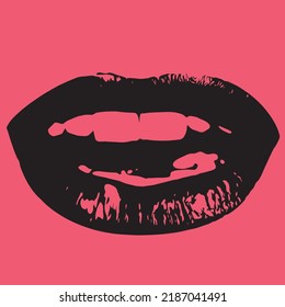 Abstract vector shape illustration of cut out woman lips on pink background. Black lips color silhouette with expression