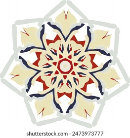 Abstract vector shape made of blue, red, beige elements arranged in a circle.