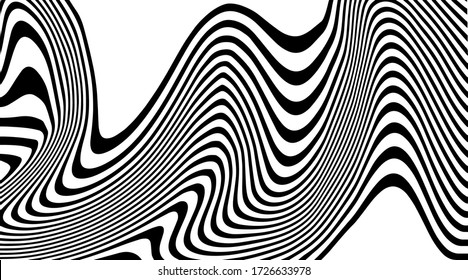 Abstract vector shape. Monochrome background. Curved striped lines.