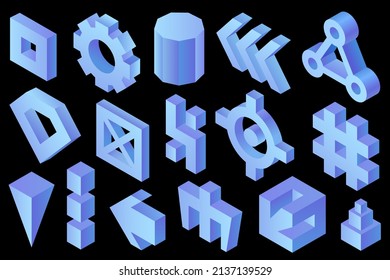 Abstract vector shapes, 3D rendering. Abstract isometric, 3d shapes in blue color isolated on black background. Glossy blue icons, three dimensional forms and figures, isometric symbols.