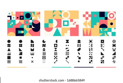 Colección de formas abstractas vectoriales de elementos naif dibujados a mano y formas geométricas simples, útiles para el diseño web, arte de afiches, diseño textil, impresión decorativa, carta invitación, fondo.
