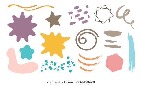 Abstract vector shapes, doodle figures, cute brush elements, blots. Minimal hand drawn isolated collection set. Simple creative forms