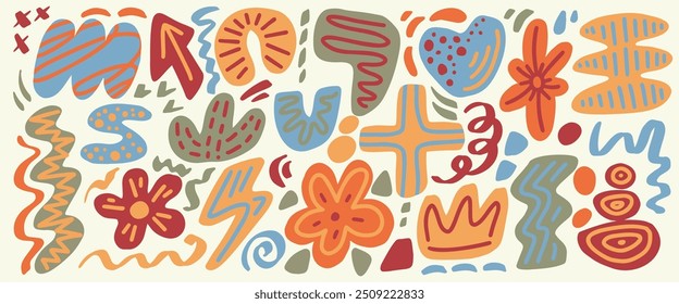 Abstract vector shapes. Organic doodle hand drawn graphic elements on white background. Cute color minimal blobs scribbles and flowers. Playful contemporary monochrome collage.