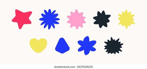 Abstract vector shapes set. Different forms in a group. Star, heart, flower as irregular blobs and forms in hand drawn style. 