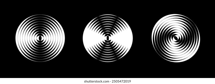 Abstract vector shapes. Various radial waves. Half-tone shiny disks.