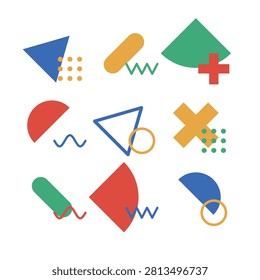Abstract vector sheet of memphis design elements on transparent background featuring nine bold paired memphis compositions of filled and outline figures, bold primary colors palette, for modern layouts, branding and creative decoration.