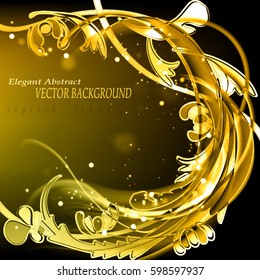 Abstract vector shine background with golden petals. Dark vector frame with glowing filament.