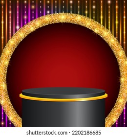Abstract vector shining colorful lines background illustration with sparkle roung banner and black podium for design