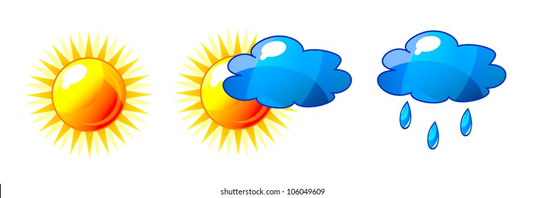 Abstract vector shiny sun and cloud icons with reflection. Isolation over white background.