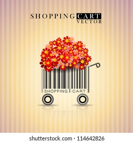 Abstract vector shopping cart with flowers made from bar-code