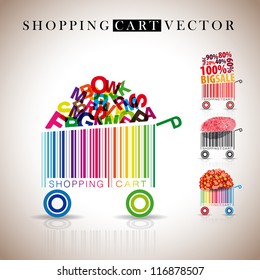 Abstract vector shopping carts made from bar-code - sale, finger print, flowers