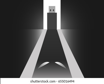 Abstract vector show the scary usb and its ghost shadow refer to internet, computer security. USB or portable storage drive open the door with light in the back and the shadow is scary ghost.