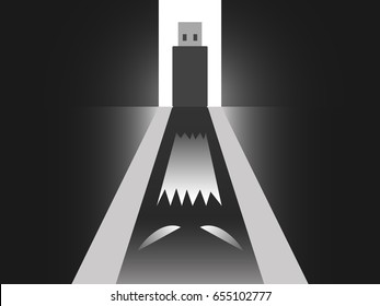 Abstract Vector Show The Scary Usb And Its Ghost Shadow Refer To Internet, Computer Security. USB Or Portable Storage Drive Open The Door With Light In The Back And The Shadow Is Scary Ghost.