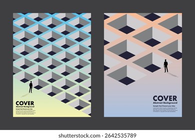 Abstract vector showing a person amidst complex 3D blocks, symbolizing obstacles, decisions, and the path to success. Ideal for business covers, leadership themes, and strategic presentations.