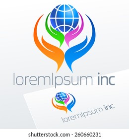 Abstract vector sign with hands and globe . Logo for Business, Technology, Corporation.
