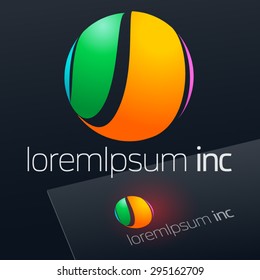 Abstract vector sign in sphere shape. Multicolor logotype for Media, Fashion, Cosmetics on dark background