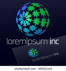 Abstract vector sign in sphere shape on dark Background. Logotype for Ecology, Pharmacy, Cosmetic activity