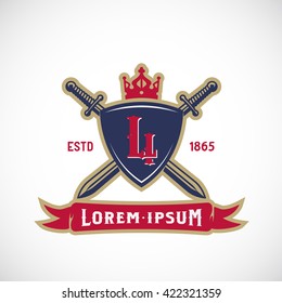 Abstract Vector Sign, Symbol, Logo Template or Sport Team Emblem. Swords and Shield with Crown, Banner, Monogram. Isolated.